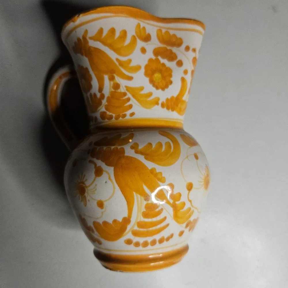 Vintage Italian Majolica Ceramic Pitcher Hand Painted Ochre Bird Floral Italy